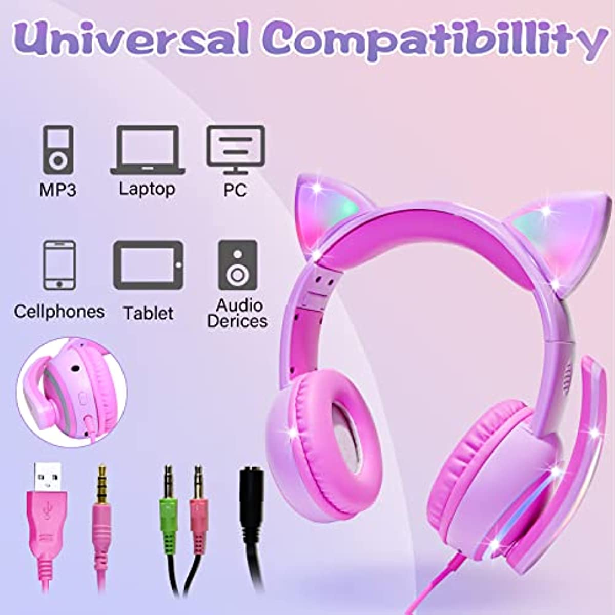 Kids Headphones with LED Cat Ears，Foldable On-Ear Wired Headset with 3.5mm Audio Cable for Kids/Teens/Boys/Girls/iPad/Smartphones/PC/Tablet/Laptop(Pink)