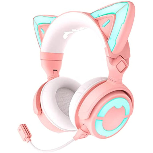 YOWU RGB Cat Ear Headphone 4, Upgraded Wireless & Wired Gaming Headset with Attachable HD Microphone -Active Noise Reduction, Dual-Channel Stereo & Customizable Lighting and Effect via APP (Pink)