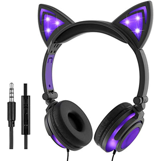 Olyre Wired Kids Headphones,Safe 85db Volume Control On-Ear LED Kitty Headphones with Mic for Kids Boys Girls Children Headset for Computer Tablet iPad Laptop Gamepad (Purple)