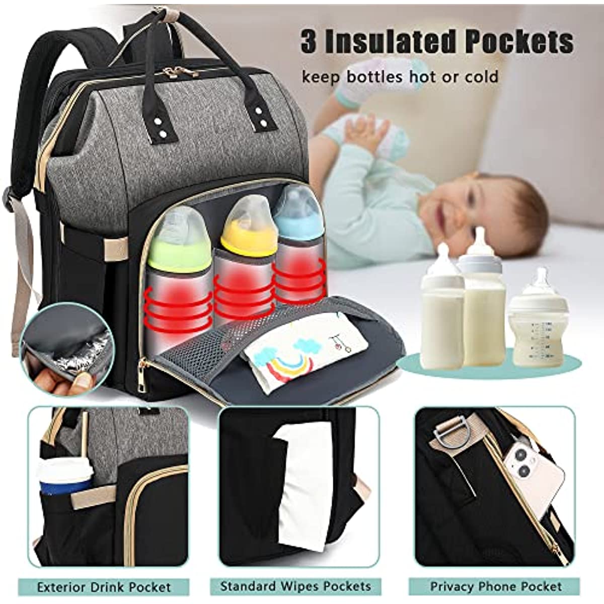 Diaper Bag Backpack - Large Travel Diaper Bags for Baby Girl & Boy - Portable Changing Pad, Stroller Straps, Insulated Pockets - Waterproof - Baby Shower Gifts - 16.5x9.4x14", 30L Capacity, Black Gray
