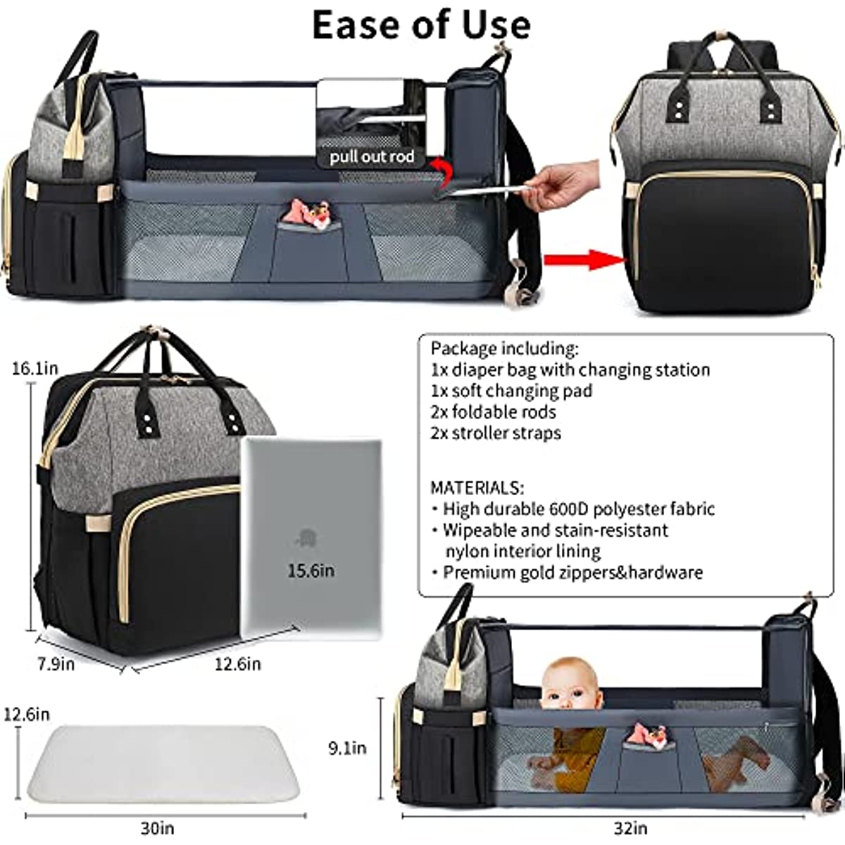 Diaper Bag Backpack - Large Travel Diaper Bags for Baby Girl & Boy - Portable Changing Pad, Stroller Straps, Insulated Pockets - Waterproof - Baby Shower Gifts - 16.5x9.4x14", 30L Capacity, Black Gray