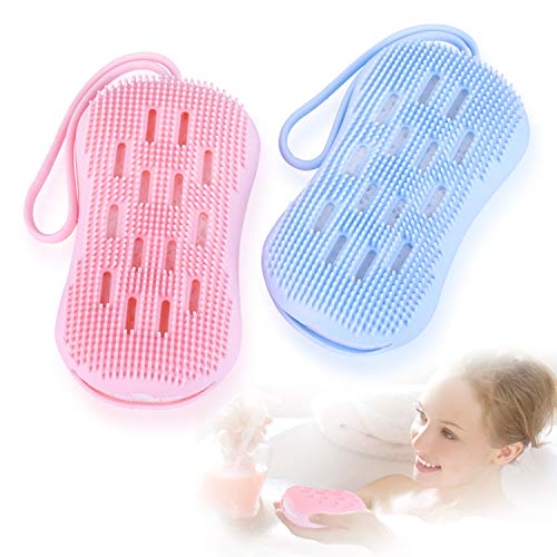 ONTA Soft Silicone Bath Brush,2 Packs Exfoliating Shower Scrubber Body Brush, Double-Sided Shower Loofah with Wood Pulp Cotton, SPA Massage Skin Care Tool, for Sensitive and All Kinds of Skin