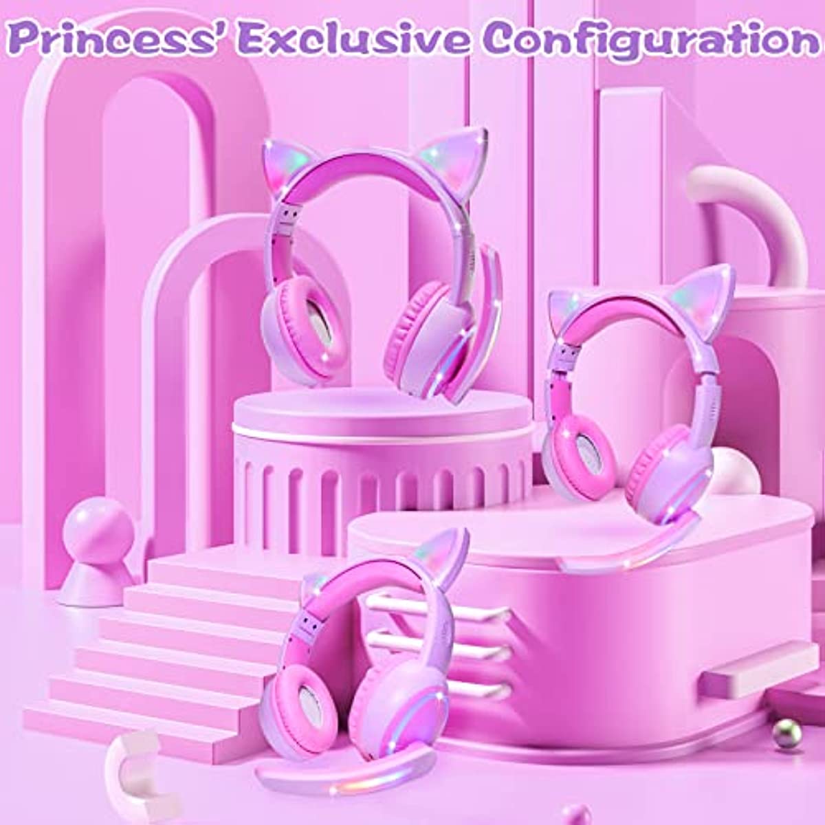 Kids Headphones with LED Cat Ears，Foldable On-Ear Wired Headset with 3.5mm Audio Cable for Kids/Teens/Boys/Girls/iPad/Smartphones/PC/Tablet/Laptop(Pink)