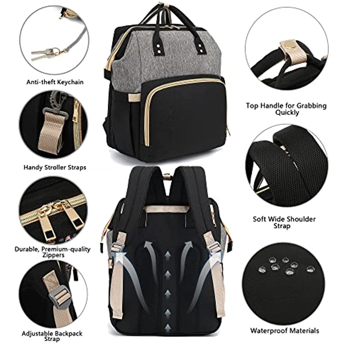 Diaper Bag Backpack - Large Travel Diaper Bags for Baby Girl & Boy - Portable Changing Pad, Stroller Straps, Insulated Pockets - Waterproof - Baby Shower Gifts - 16.5x9.4x14", 30L Capacity, Black Gray
