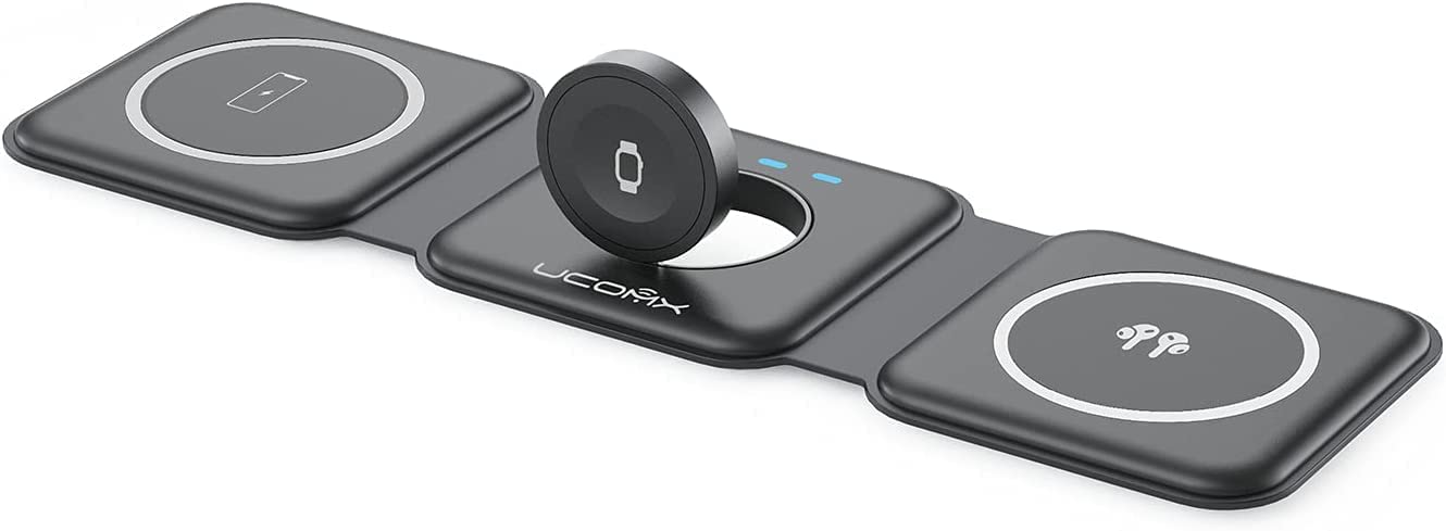 UCOMX Nano 3 in 1 Wireless Charger,Magnetic Foldable 3 in 1 Charging Station,Fast Wireless Charging Pad,Compatible for iPhone 14/Pro/Max/Plus/13/12 Series,AirPods 3/2/Pro,iWatch(Adapter Included)