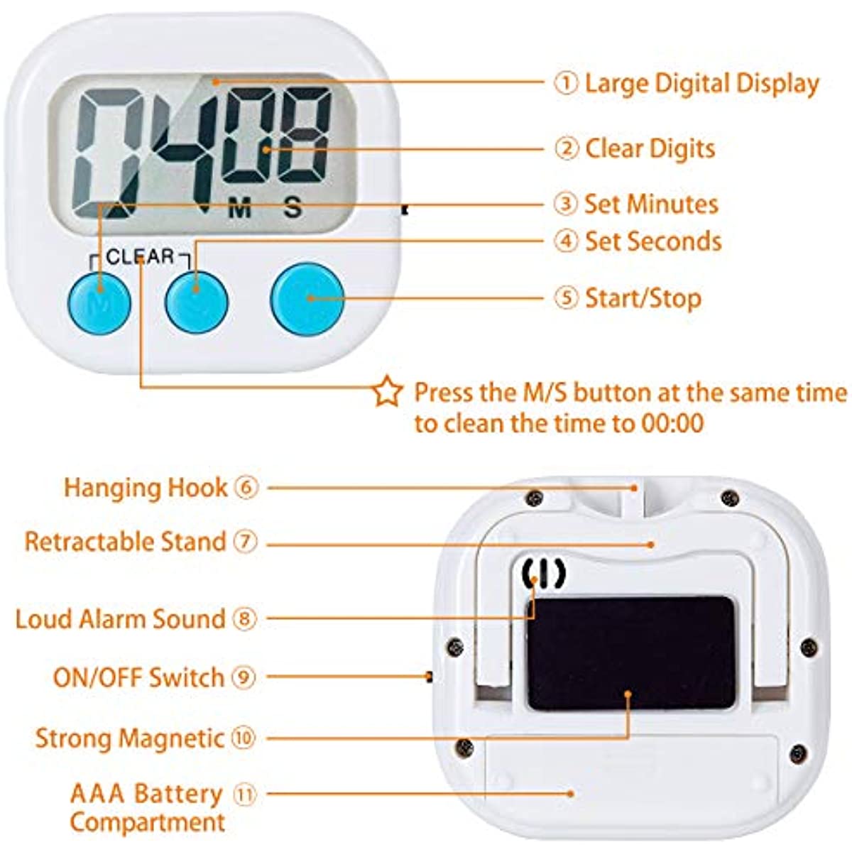 2 Pack Digital Kitchen Timer for Cooking Big Digits Loud Alarm Magnetic Backing Stand Cooking Timers for Baking White