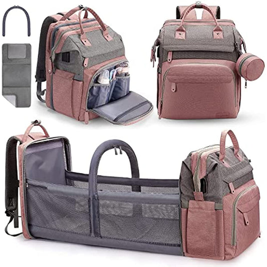 DERJUNSTAR Baby Diaper Bag Backpack, Diaper Changing Station, Baby Bags for Boys Girls,Waterproof Changing Pad,USB Charging Port,Pacifier Case, Sunshade and Toy Bar, Pale Pink