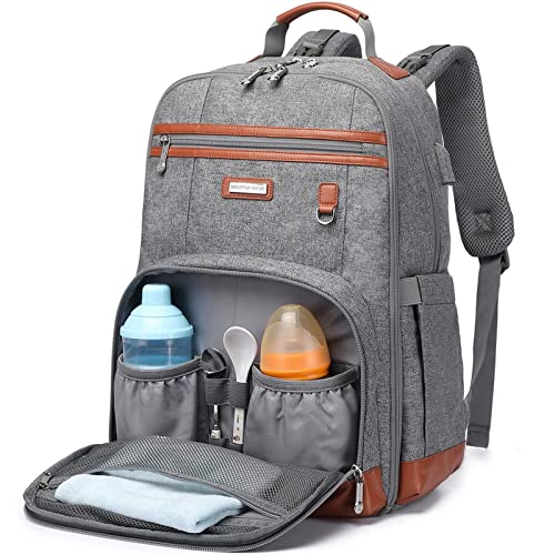 BILLITON MASHI Diaper Bag Backpack, Large Baby Nappy Bags with Portable Changing Pad for Boys and GirlsMultifunction Travel Baby Bag for Moms Dads, Shower Gifts Waterproof and Stylish， Grey