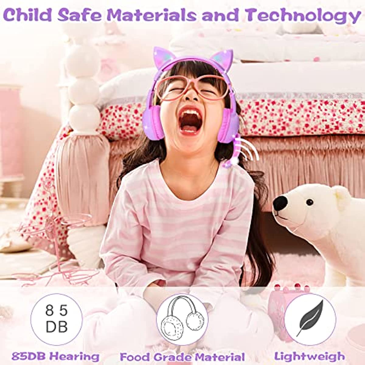 Kids Headphones with LED Cat Ears，Foldable On-Ear Wired Headset with 3.5mm Audio Cable for Kids/Teens/Boys/Girls/iPad/Smartphones/PC/Tablet/Laptop(Pink)
