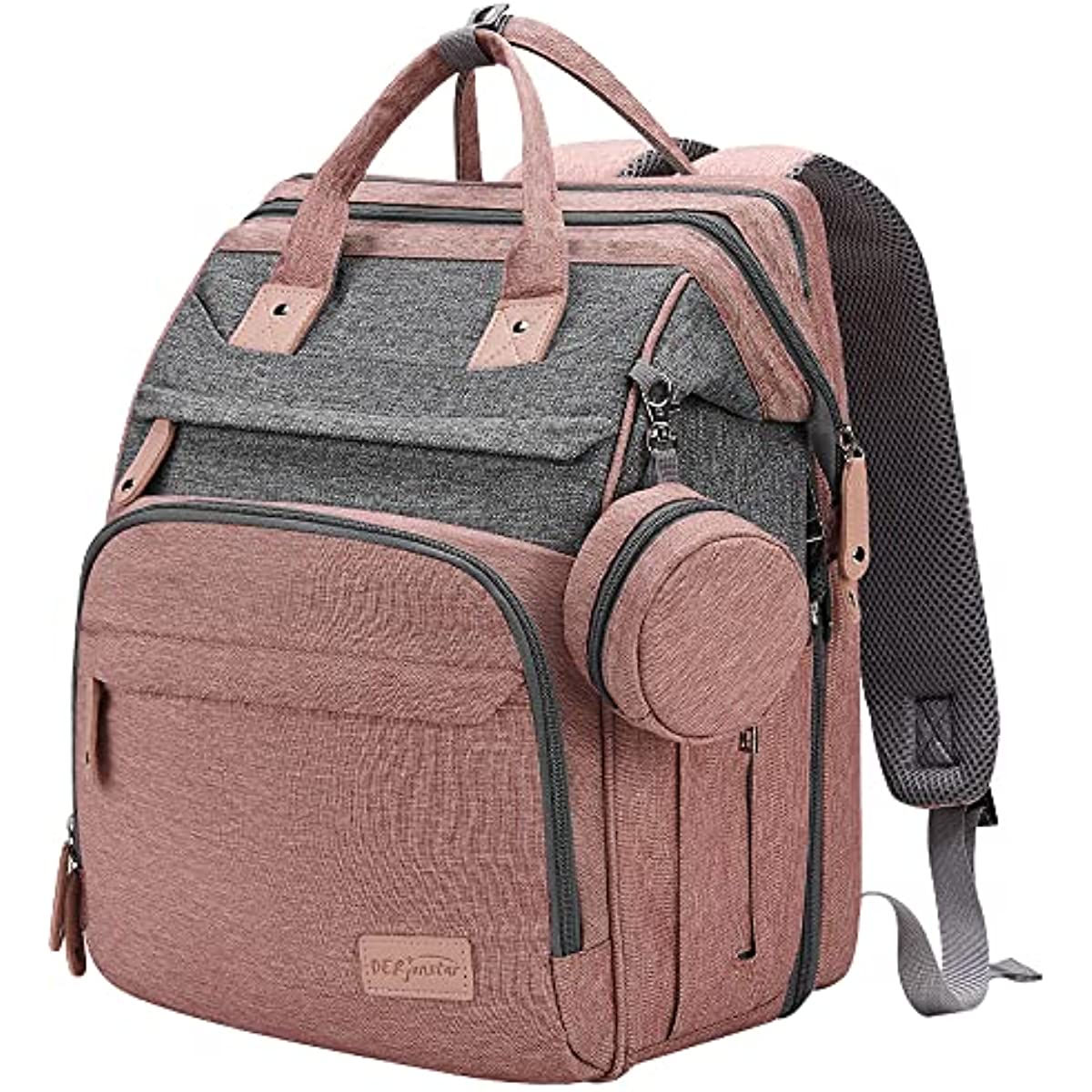 DERJUNSTAR Baby Diaper Bag Backpack, Diaper Changing Station, Baby Bags for Boys Girls,Waterproof Changing Pad,USB Charging Port,Pacifier Case, Sunshade and Toy Bar, Pale Pink