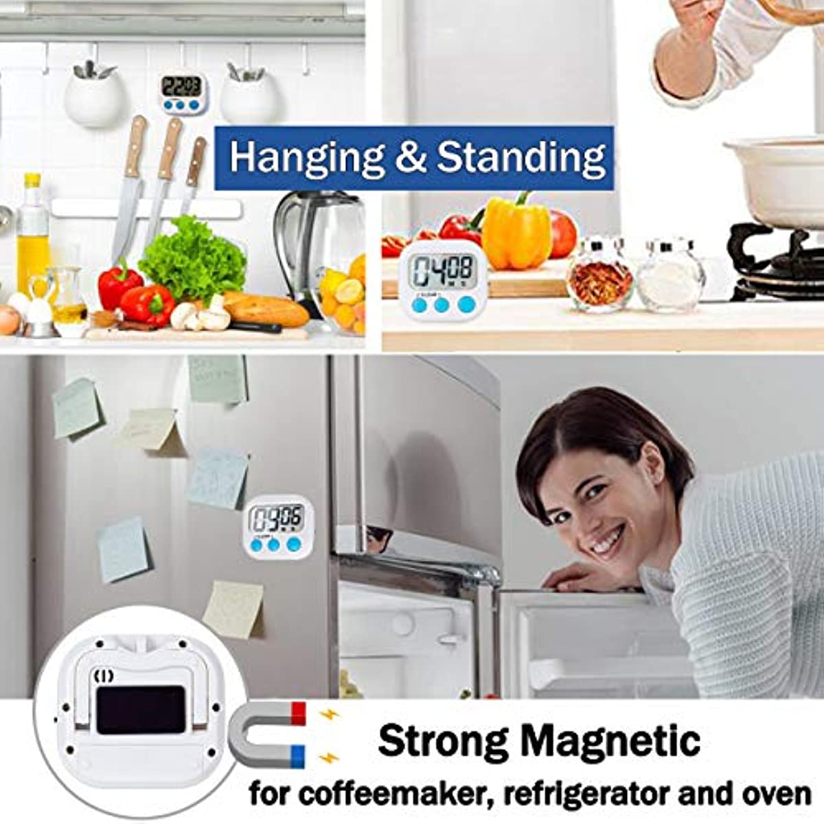 2 Pack Digital Kitchen Timer for Cooking Big Digits Loud Alarm Magnetic Backing Stand Cooking Timers for Baking White