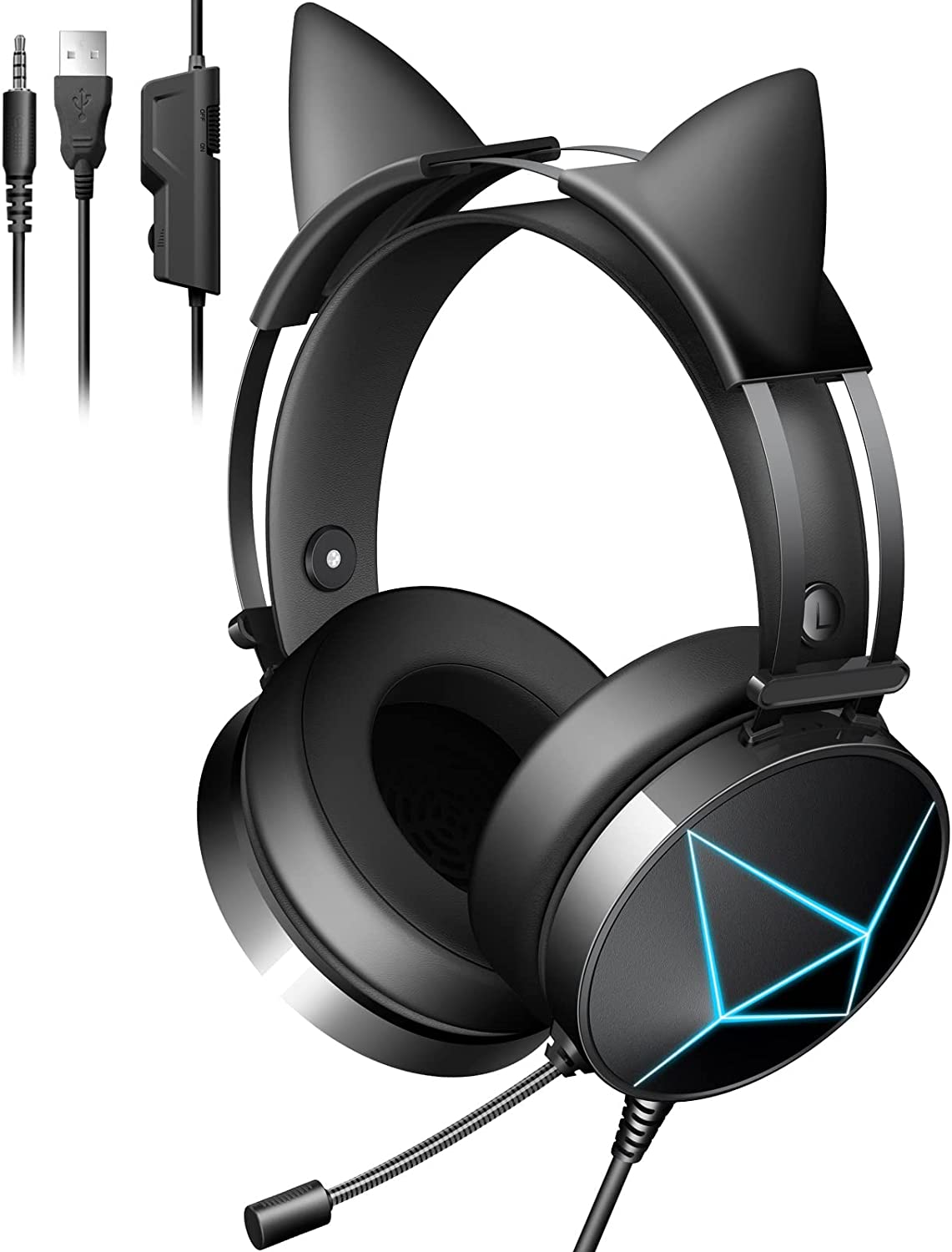 Cat Ear Headphones with Noise Canceling Microphone and Surround Sound, Gaming Headset with Removable Cat Ears, LED Lights, Compatible with PC, Xbox One, PS4, PS5, Switch, Black Gamer Headset Wired