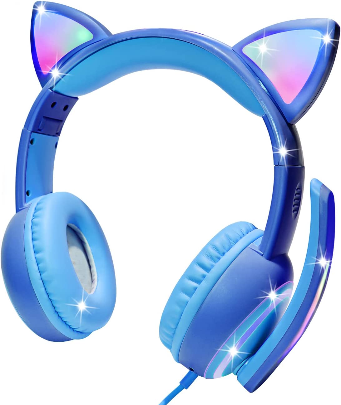 Kids Headphones with LED Cat Ears，Foldable On-Ear Wired Headset with 3.5mm Audio Cable for Kids/Teens/Boys/Girls/iPad/Smartphones/PC/Tablet/Laptop(Pink)