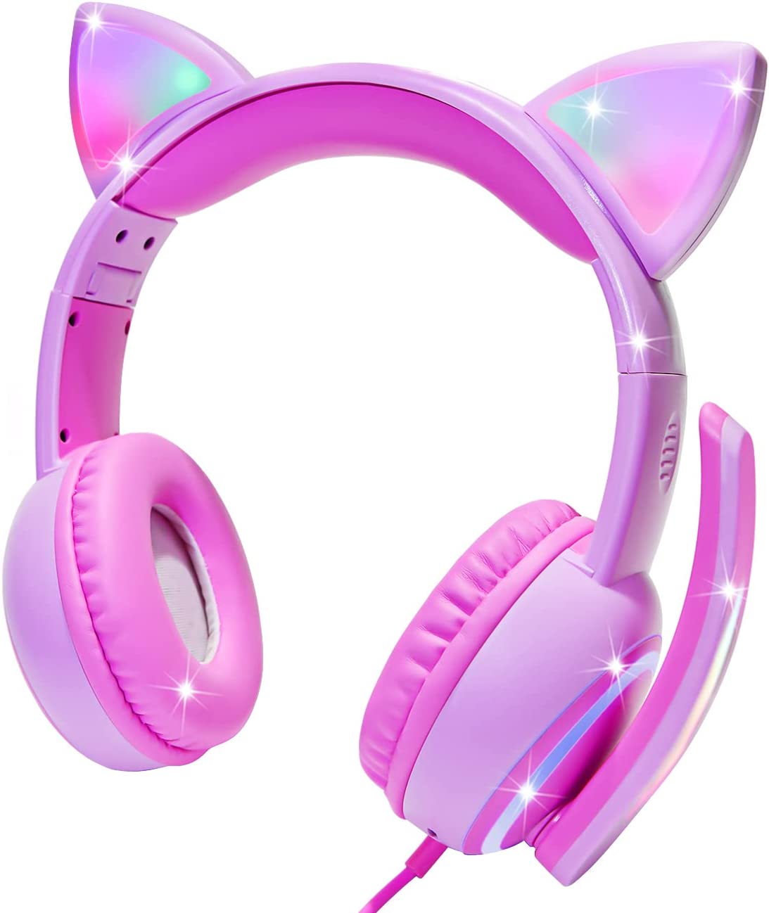 Kids Headphones with LED Cat Ears，Foldable On-Ear Wired Headset with 3.5mm Audio Cable for Kids/Teens/Boys/Girls/iPad/Smartphones/PC/Tablet/Laptop(Pink)