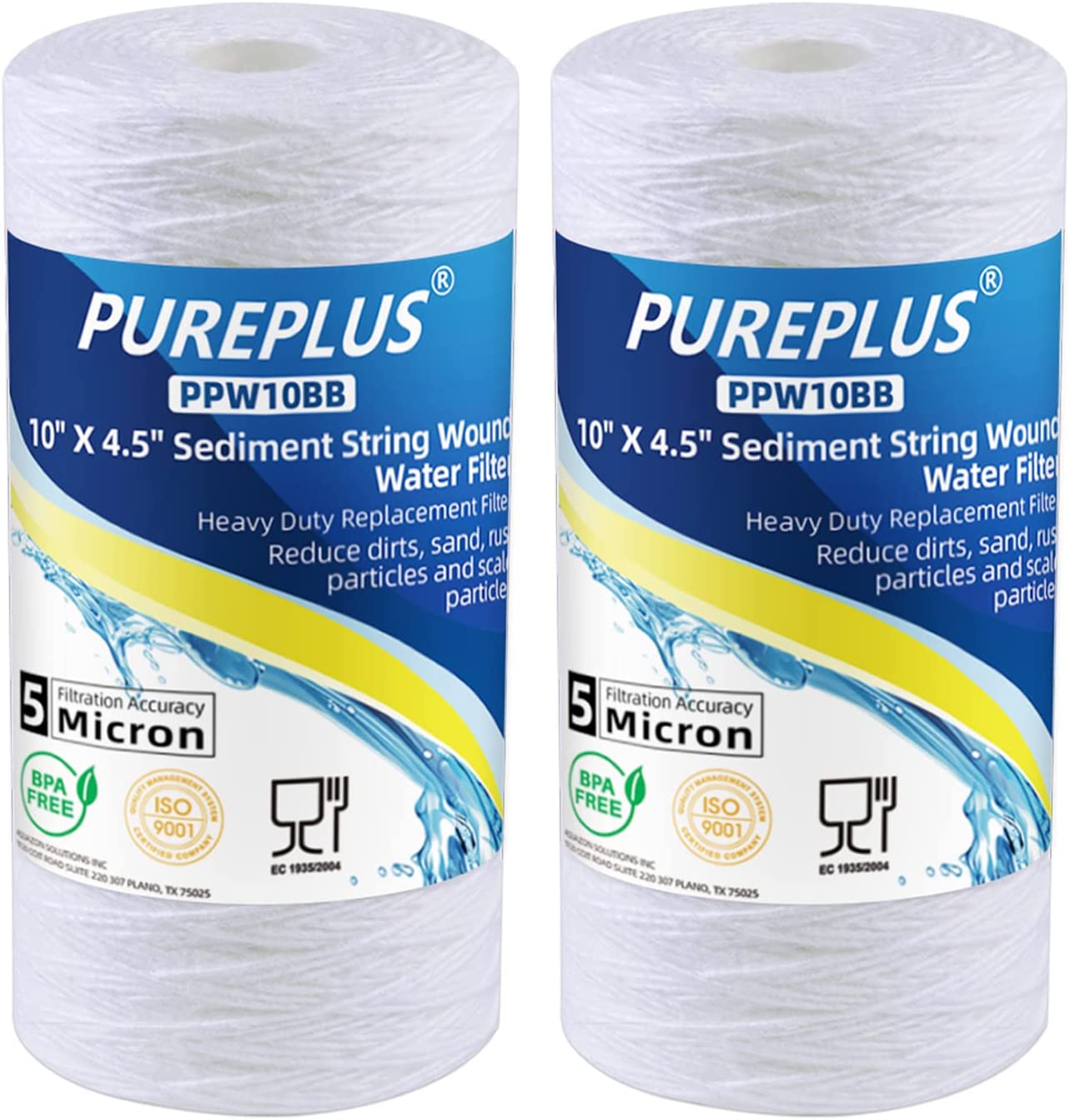 5 Micron 4.5" x 10" Whole House String Wound Sediment Filter for Well Water, Replacement Cartridge for 84637, WPX5BB97P, PC10, 355214-45, 355215-45, WP10BB97P, WP5BB97P, 2Pack