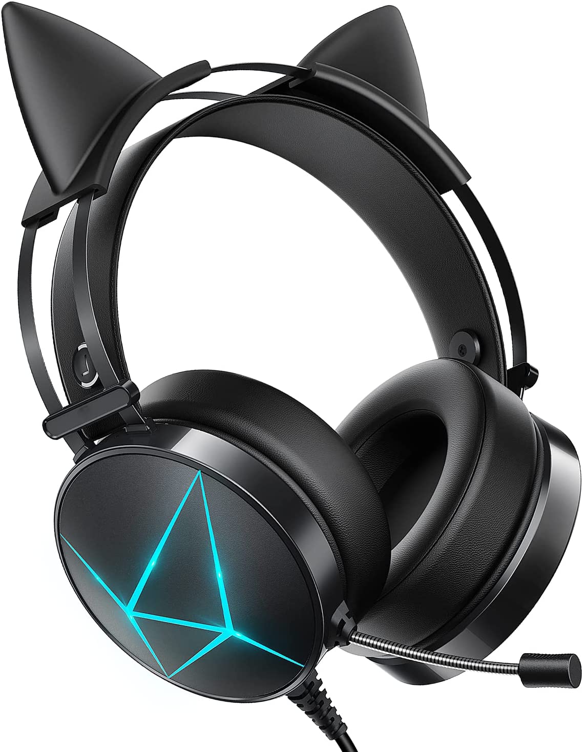 Gaming Headset for PC, Xbox One Headset with Detachable Cat Ear Headphones, PS5 Headset with Noise Canceling Microphone, PS4 Headset with 7.1 Surround Sound, LED Lights Black