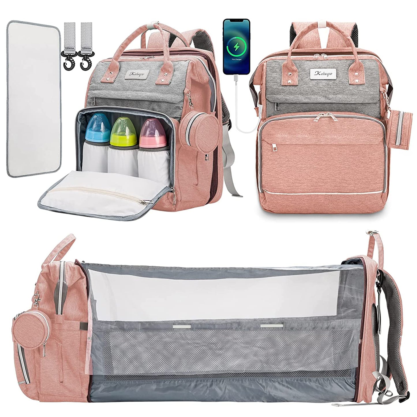 KABAQOO Diaper Bag Backpack, Large Baby Diaper Bags for Boys Girls, Baby Bag with USB Charging Port, Multifunction Waterproof Travel Back Pack for Moms Dads, Pink Grey