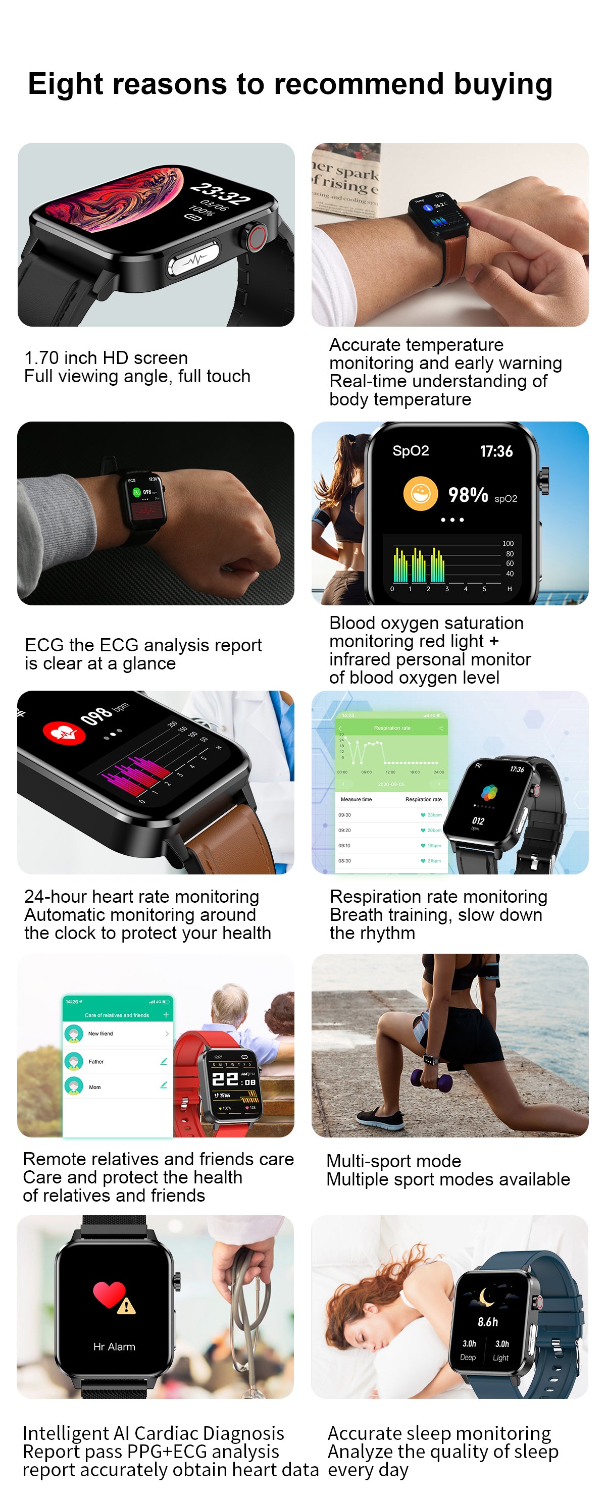 2022 Smart Watch E86 ECG+PPG 1.7'' HD IPS Screen AI Medical Diagnosis Blood Oxygen Temperature IP68 Sport Mens Smart Watch